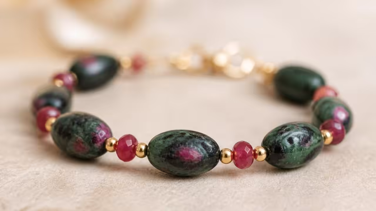 découvrez le bracelet jaipur en rubis et zoïsite, un bijou unique alliant élégance et énergie naturelle. présentation détaillée de ce accessoire raffiné.