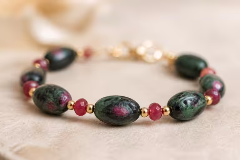 découvrez le bracelet jaipur en rubis et zoïsite, un bijou unique alliant élégance et énergie naturelle. présentation détaillée de ce accessoire raffiné.